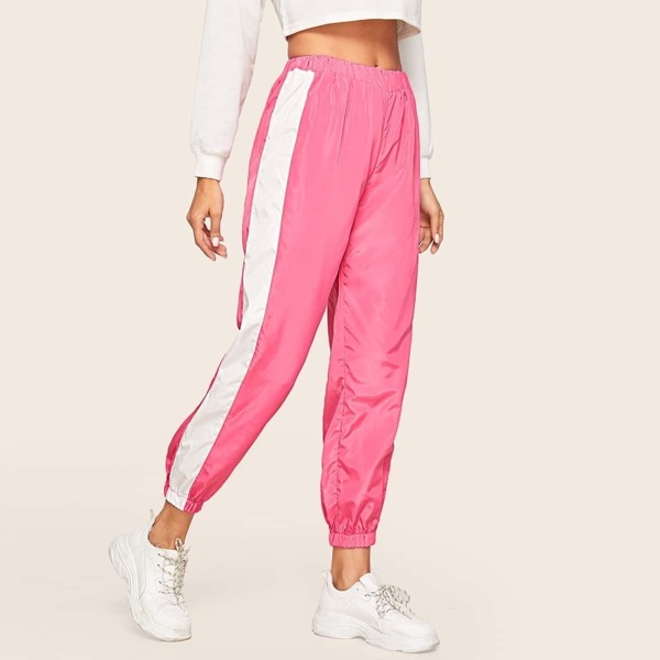 

Elastic Waist Contrast Panel Windbreaker Pants, Pink