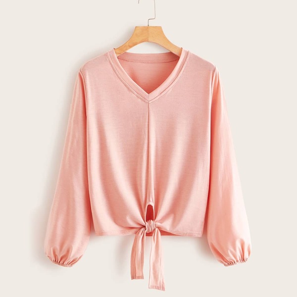 

V-neck Knot Hem Solid Tee