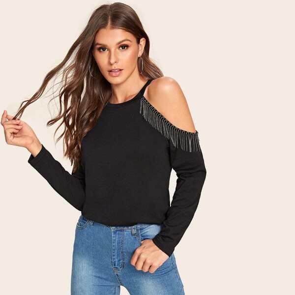 

Cold Shoulder Fringe Trim Tee