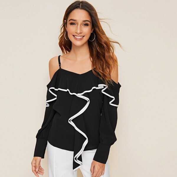 

Cold Shoulder Contrast Binding Ruffle Top, Black