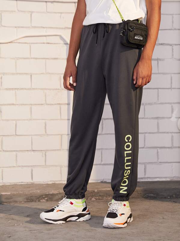 

Men Drawstring Waist Letter Graphic Pants, Grey