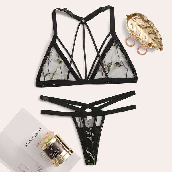 Embroidered Mesh Cut-out Sheer Lingerie Set