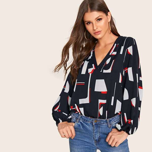 

Geo Print High Low Hem Blouse, Navy