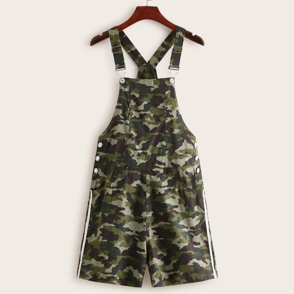 

Contrast Taped Camo Print Denim Overall, Multicolor