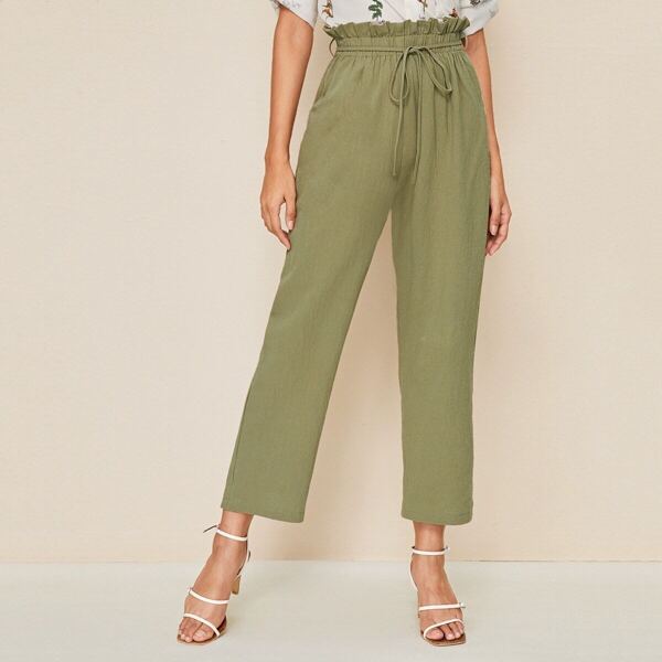 

Solid Drawstring Paperbag Waist Pants, Army green