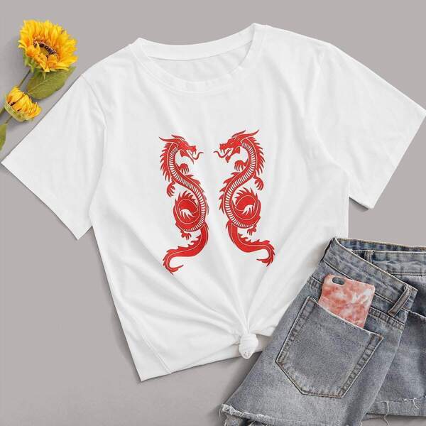 

Round Neck Dragon Print Tee