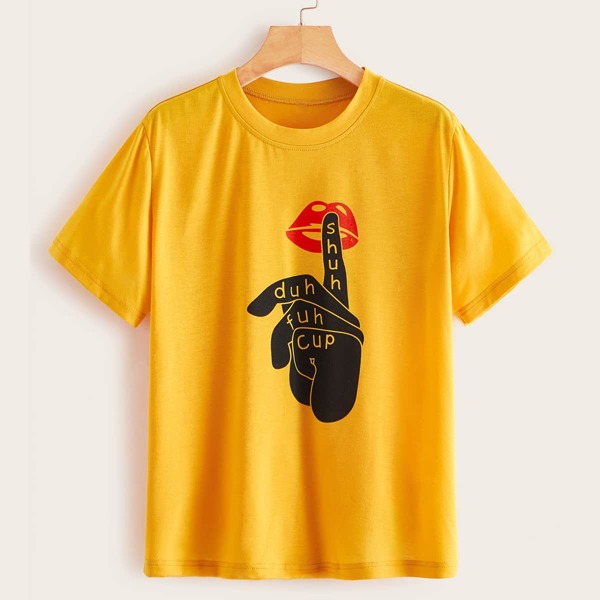 

Hand And Lipstick Print Tee, Yellow
