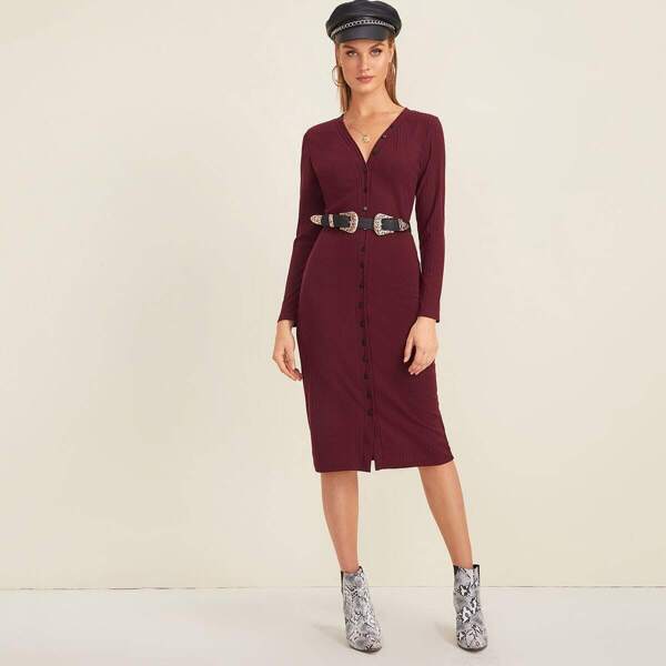 

Button Front Rib-knit Sweater Dress Without Belt