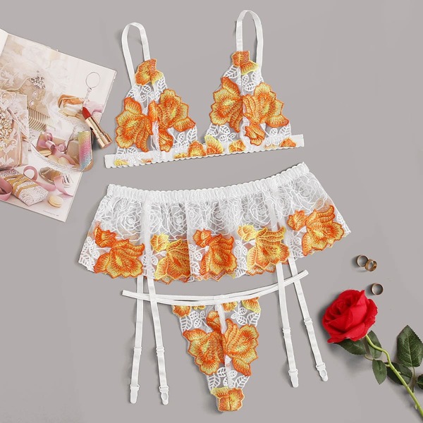 

Flower Embroidered Garter Lingerie Set