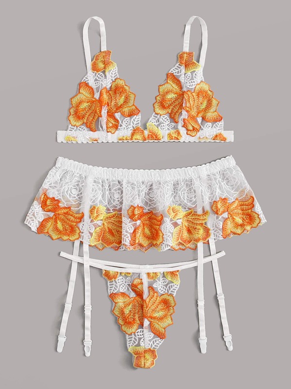 

Flower Embroidered Garter Lingerie Set, Multicolor