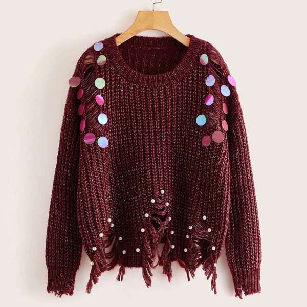 

Sequin Detail Pearl Beaded Frayed Sweater