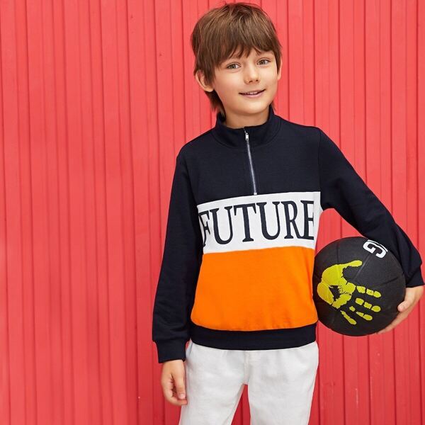 

Boys Colorblock Zip Half Placket Letter Print Pullover, Navy