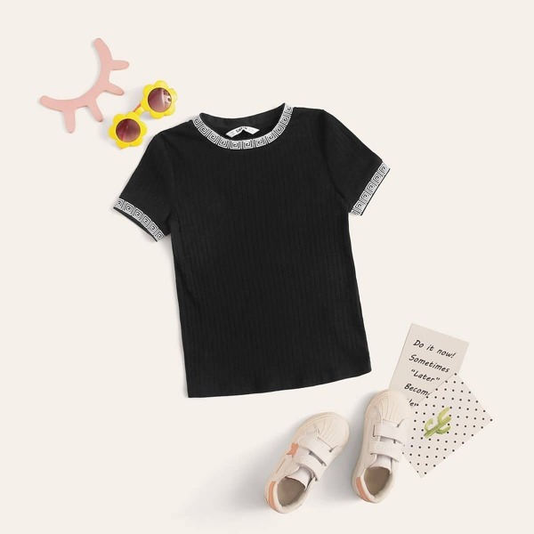 

Girls Contrast Greek Fret Trim Rib-knit Tee
