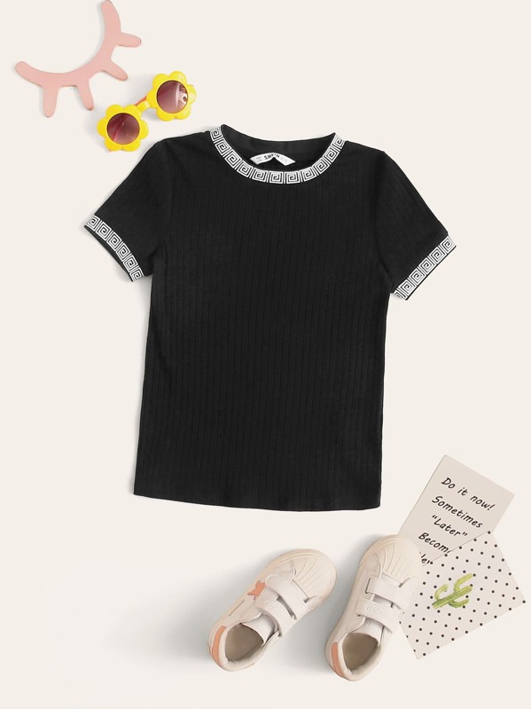 

Girls Contrast Greek Fret Trim Rib-knit Tee, Black