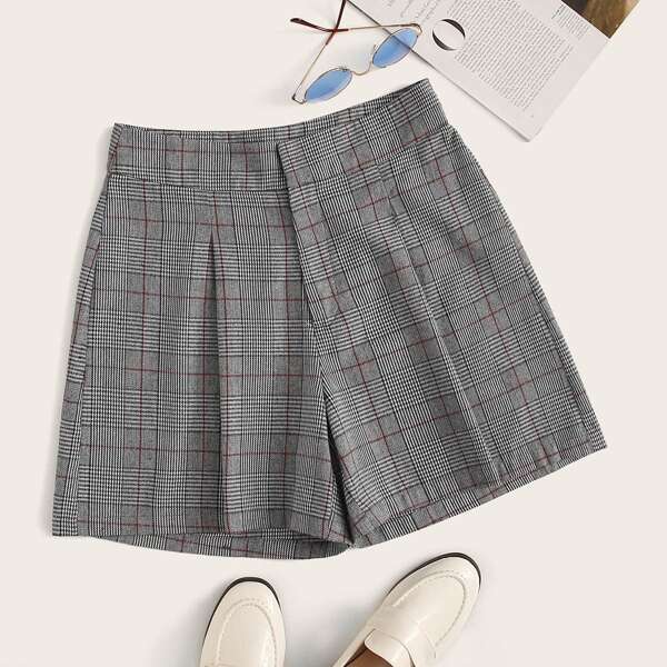 

Plaid Print Wide Leg Shorts, Grey