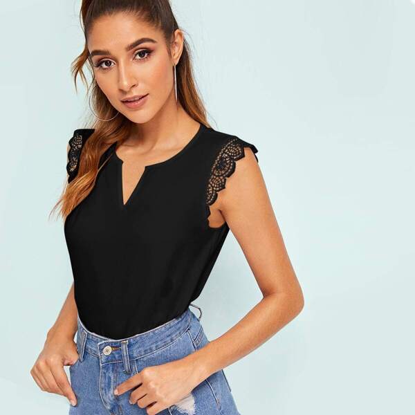 

Solid Lace Trim Notched Top, Black