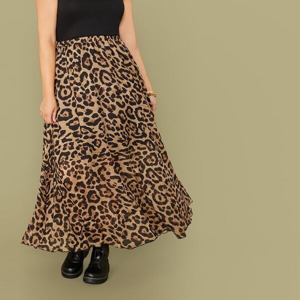 

Plus Leopard Print Elastic Waist Skirt, Multicolor