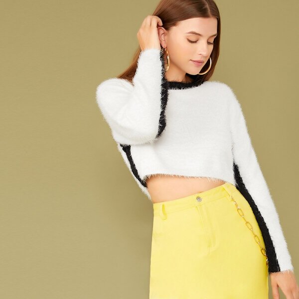 

Contrast Panel Crop Fuzzy Sweater, White