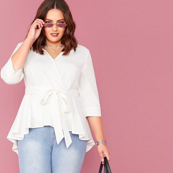 

Plus Surplice Wrap High Low Belted Top, White