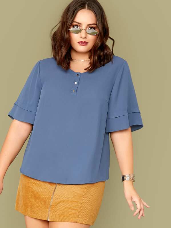 

Plus Half Button Front Solid Top, Blue, Marcelle Pallais