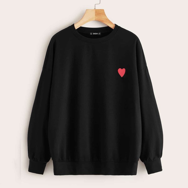 

Heart Print Drop Shoulder Pullover, Black