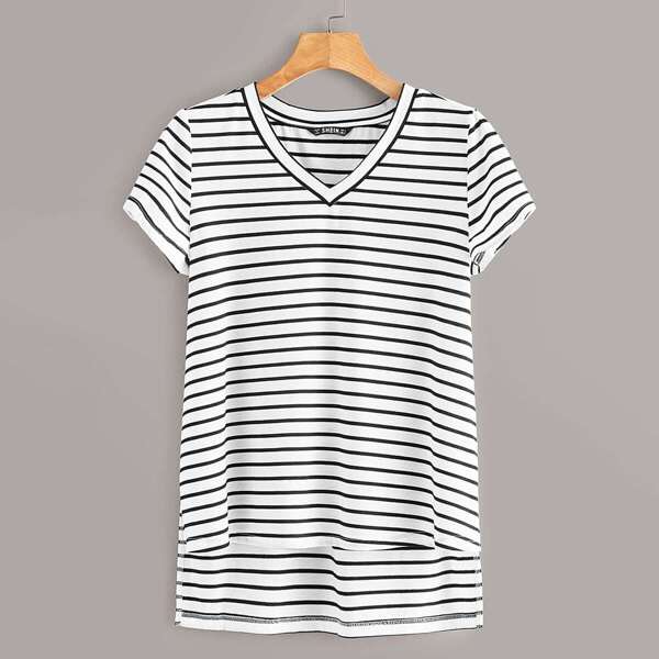 

V-neck Stepped Hem Striped Top