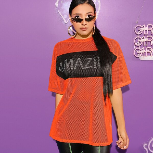 

Neon Letter Color-block Fishnet Mesh Top, Orange bright
