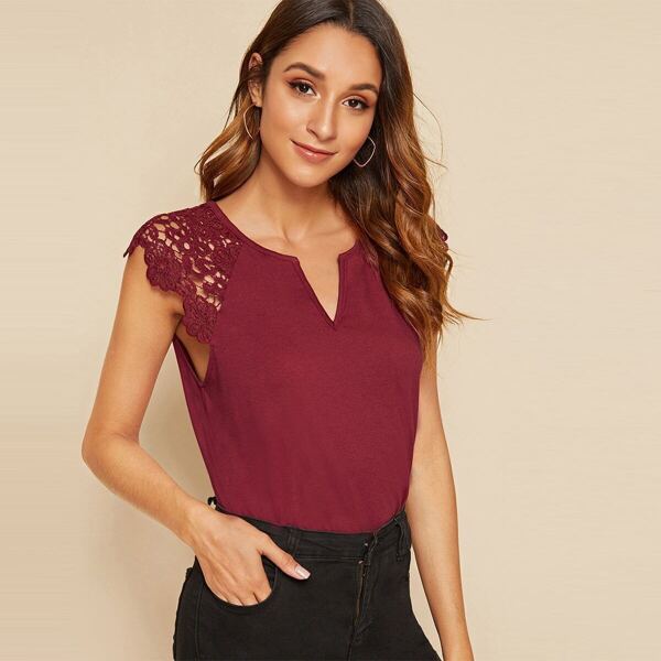 

Notch Neck Lace Sleeve Top