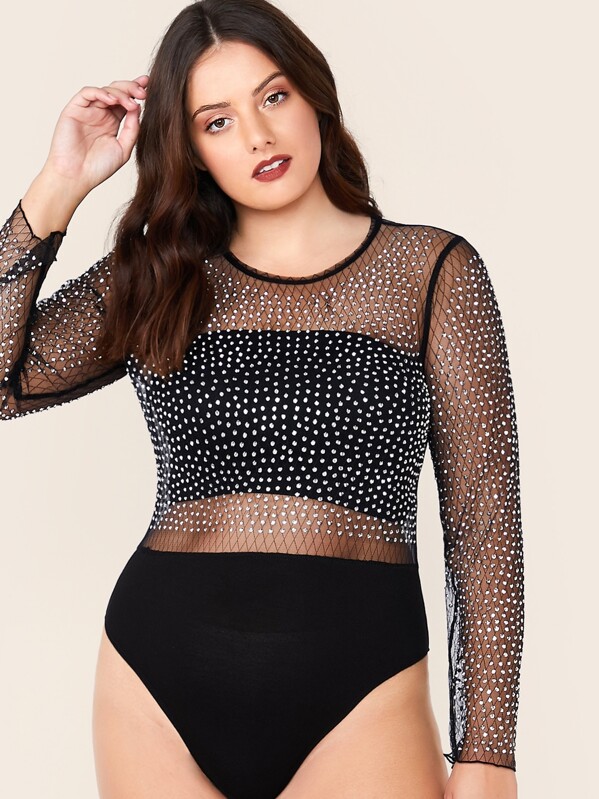 

Plus Rhinestone Detail Sheer Mesh Bodysuit, Black, Marcelle Pallais