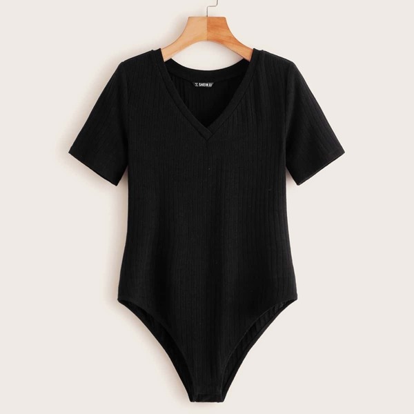 V-neck Rib-knit Fitted Bodysuit, Black