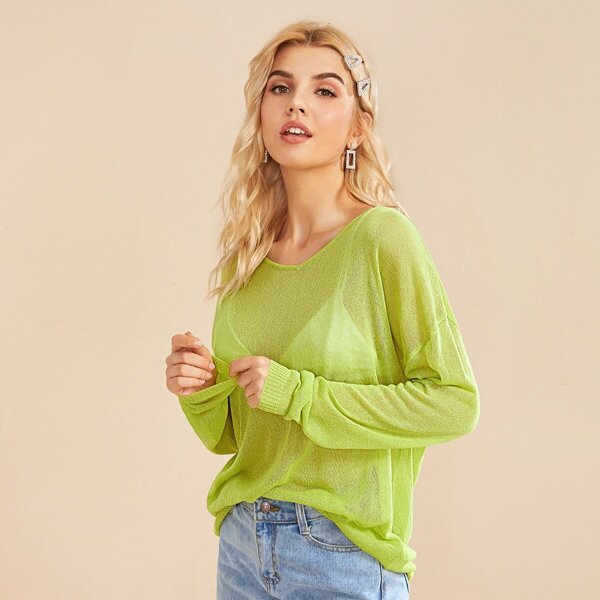 

Drop Shoulder Sheer Sweater Without Bra, Green