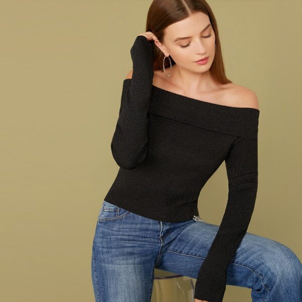 

Foldover Front Off Shoulder Rib-knit Sweater, Black