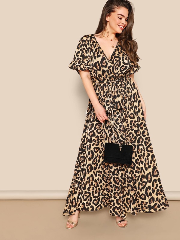 

Plus Surplice Neck Ruffle Cuff Belted Leopard Dress, Multicolor, Faith Bowman