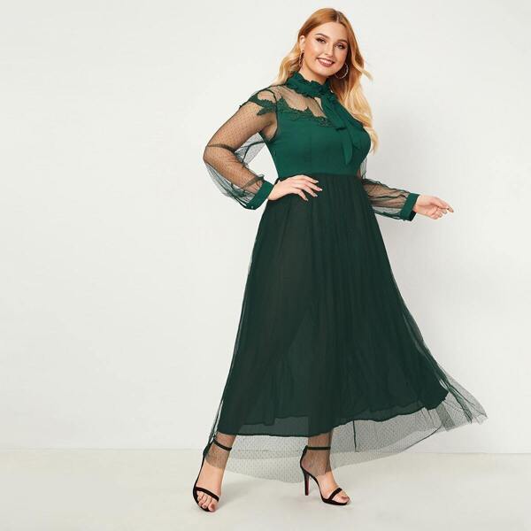 

Plus Tie Neck Appliques Detail Mesh Overlay Dress, Green