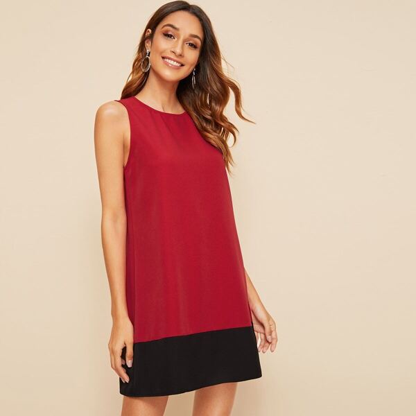 

Two Tone Sleeveless Tunic Dress, Red bright