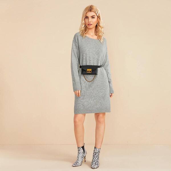 

Slit Hem Heathered Gray Sweater Dress Without Bag, Grey