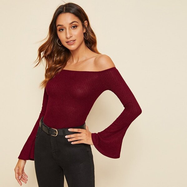 

Off Shoulder Bell Sleeve Rib-knit Fitted Top