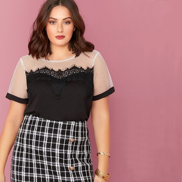

Plus Mesh Shoulder Eyelash Lace Trim Top