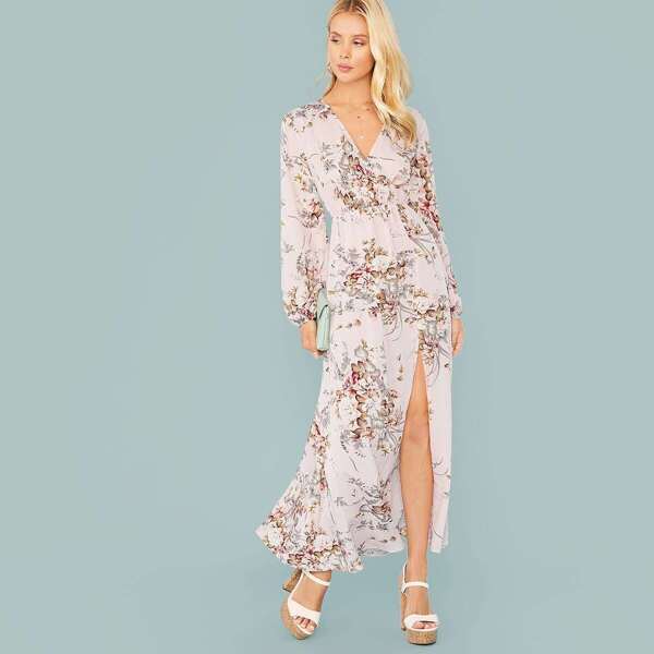 

Floral Split Thigh Wrap Bishop Sleeve Dress
