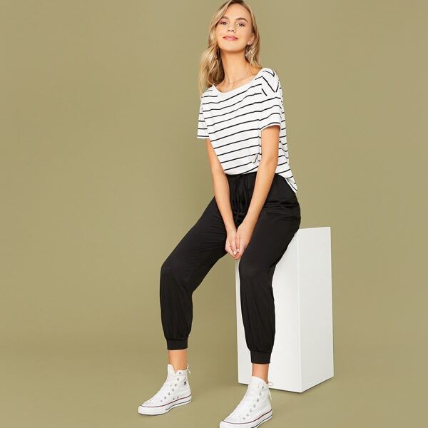 

Striped Print Tee & Drawstring Waist Pants Set
