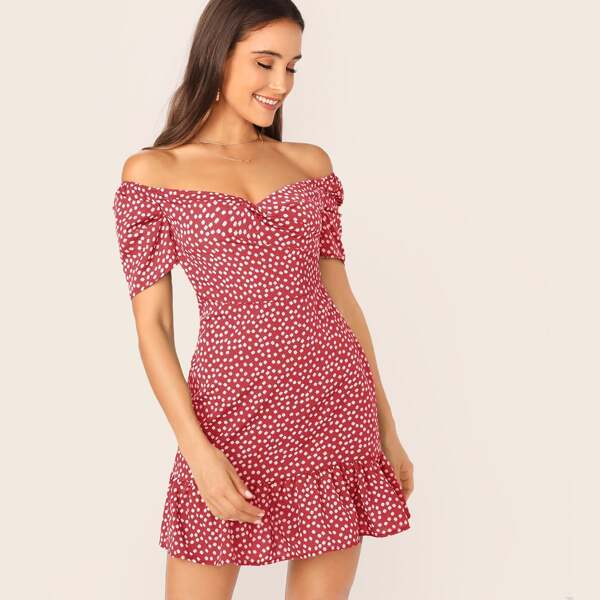 

Gathered Sleeve Flounce Hem Off Shoulder Dress, Rose red