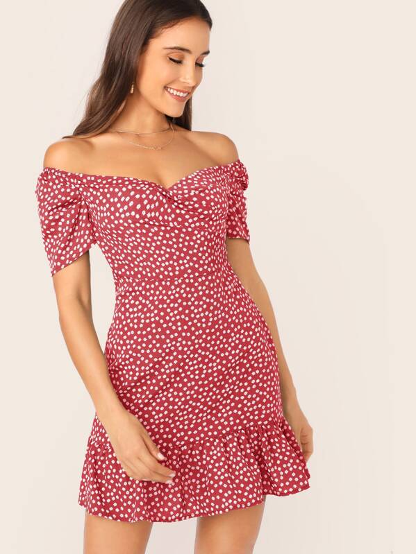 

Gathered Sleeve Flounce Hem Off Shoulder Dress, Red, Anna Herrin