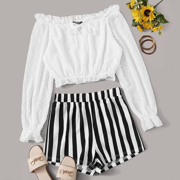 

Tie Neck Swiss Dot Bardot Top and Striped Shorts Set