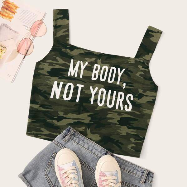 

Plus Slogan Print Camo Tank Top