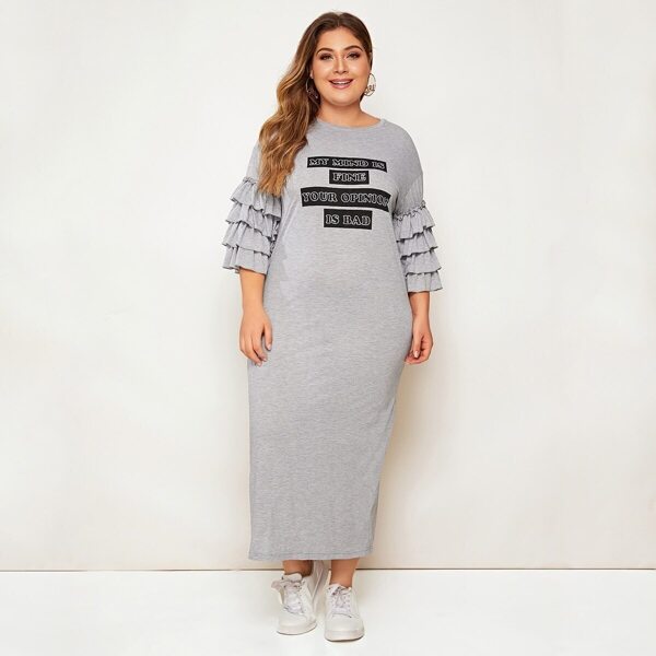 

Plus Slogan Print Layered Sleeve Heather Grey Dress