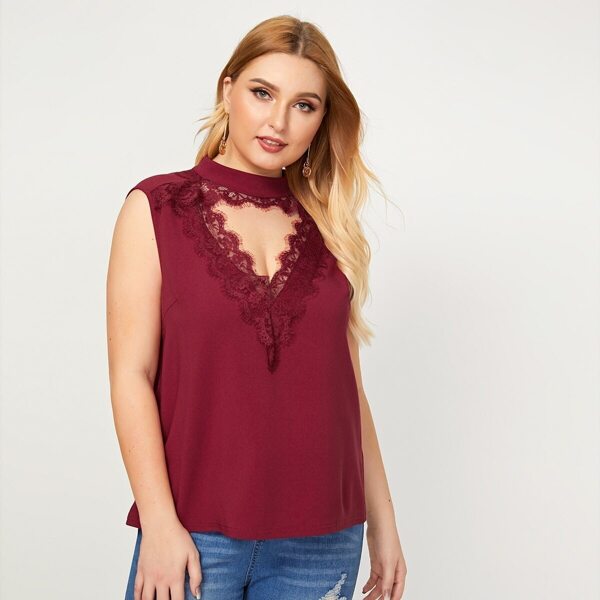 

Plus Choker Neck Lace Trim Cut Out Top, Burgundy