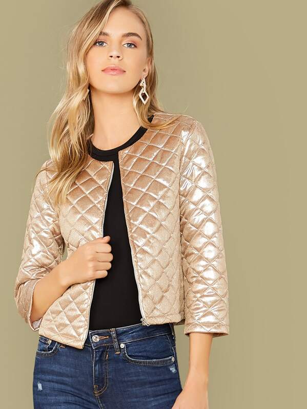 

Zip Up Metallic Padded Jacket, Gold, Mila Mary