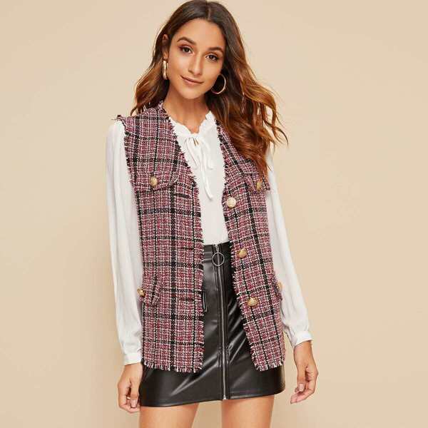 

Flap Gold Button Detail Plaid Tweed Jacket, Multicolor