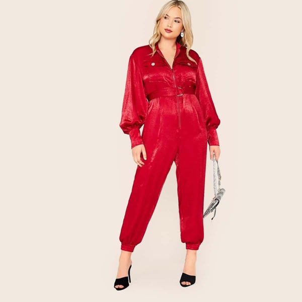 

Plus Zipper Front Flap Pocket Satin Jumpsuit With D-ring Belt, Red