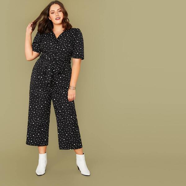 

Plus Button Front Belted Wide Leg Jumpsuit, Black